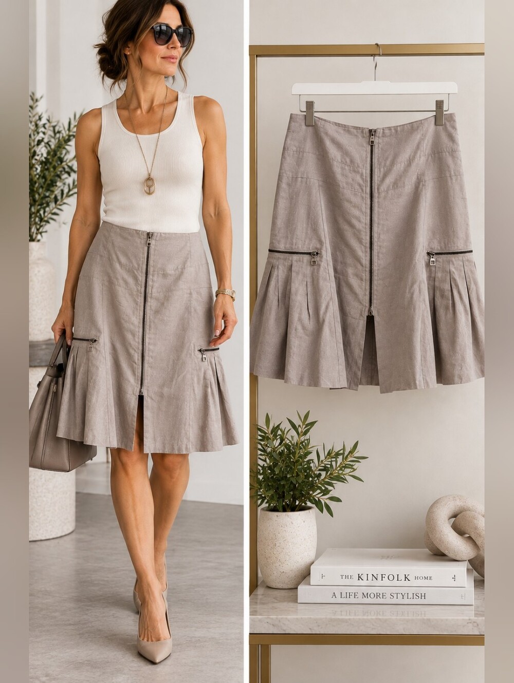 Sarah Pacini Coated Linen A-Line Skirt Knee Length Zip Pockets